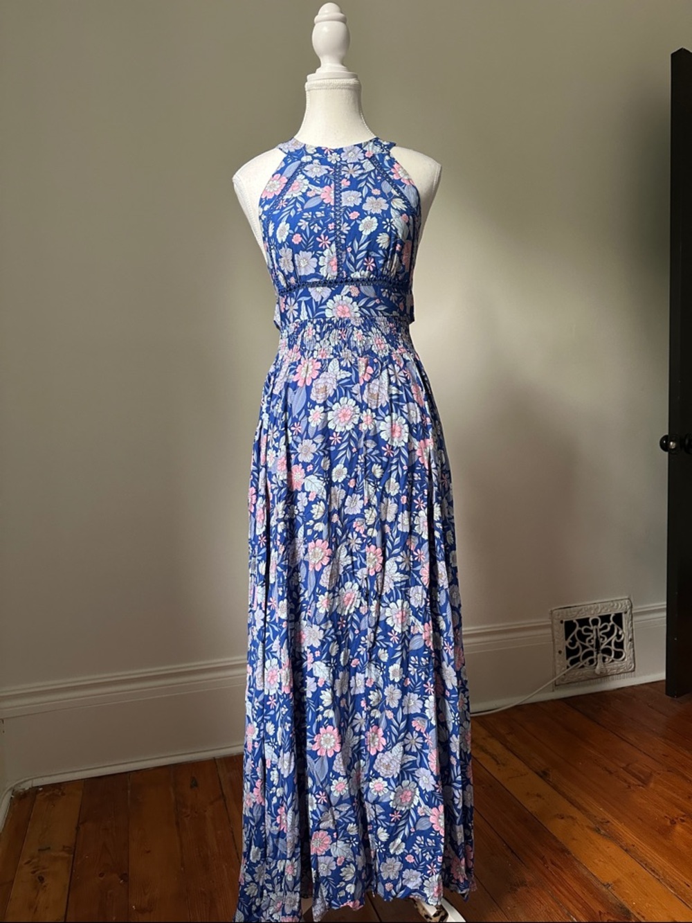 ABEL THE LABEL Anthro Blue Floral Halter Wedding Vacation Boho Maxi Dress Small